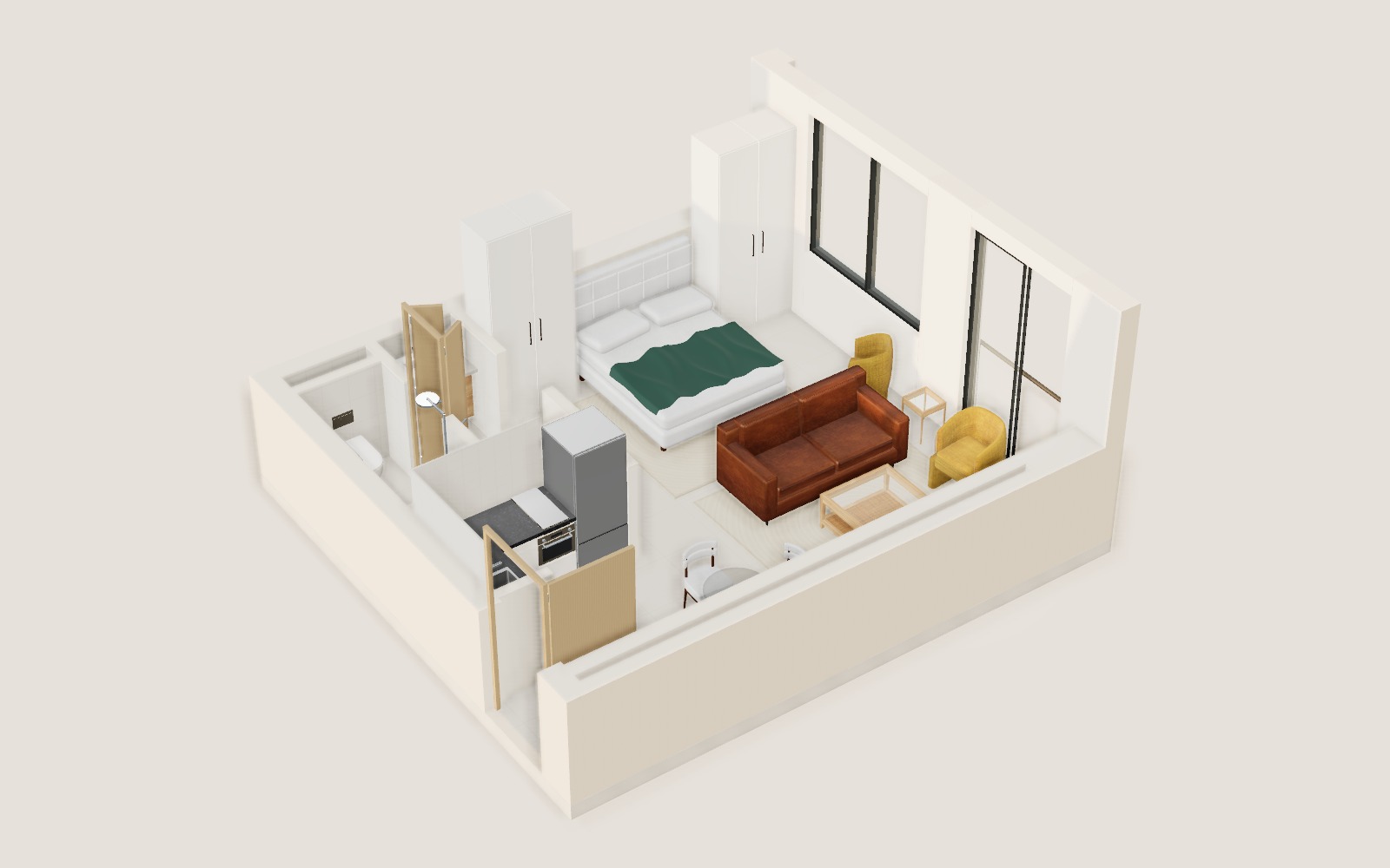1 Bed Mini Type A single-level 3D overview
