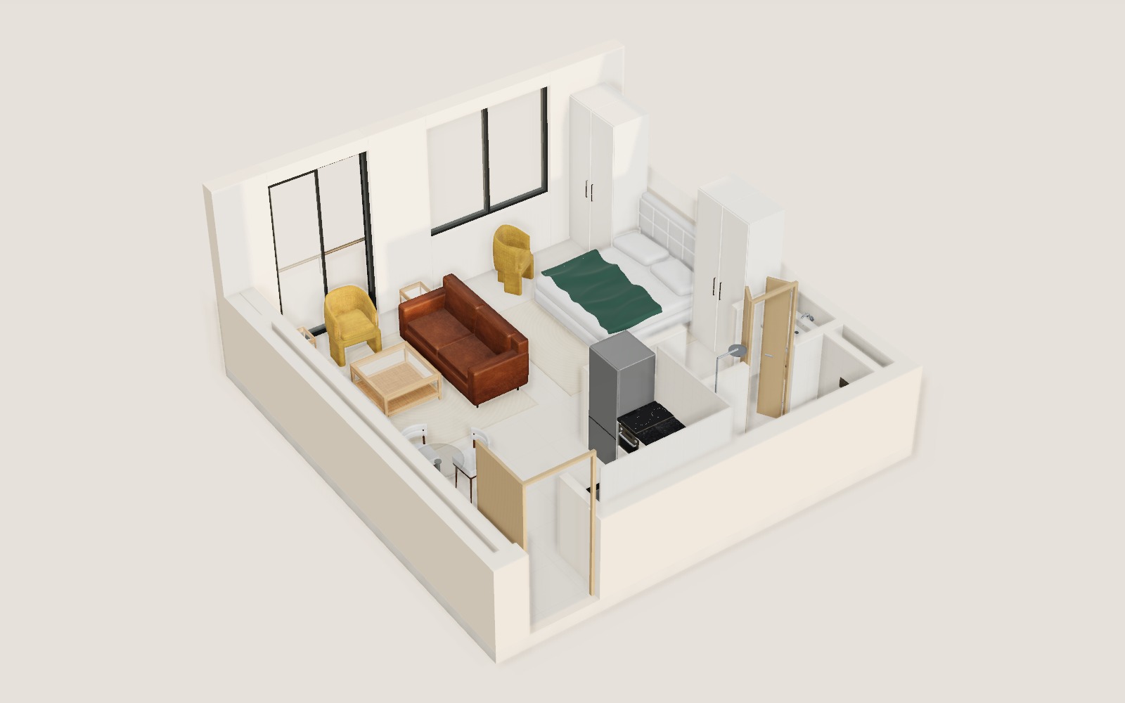 1 Bed Mini Type B single-level 3D overview